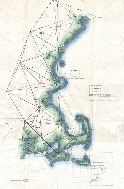 A Unusual Triangulation Chart Of The New England Coast Line From The Scarce 1848 Edition Of The Superintendent's Report . Covers From Nantucket And Marthas Vineyard North Past Cape Code And Boston As Far As Portland Poster featuring the photograph Coast Survey Map of New England by Paul Fearn