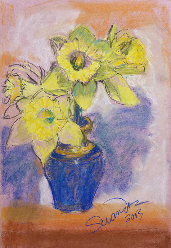 Daffodil Poster featuring the painting Daffodils in Blue Italian Vase by Sciandra 