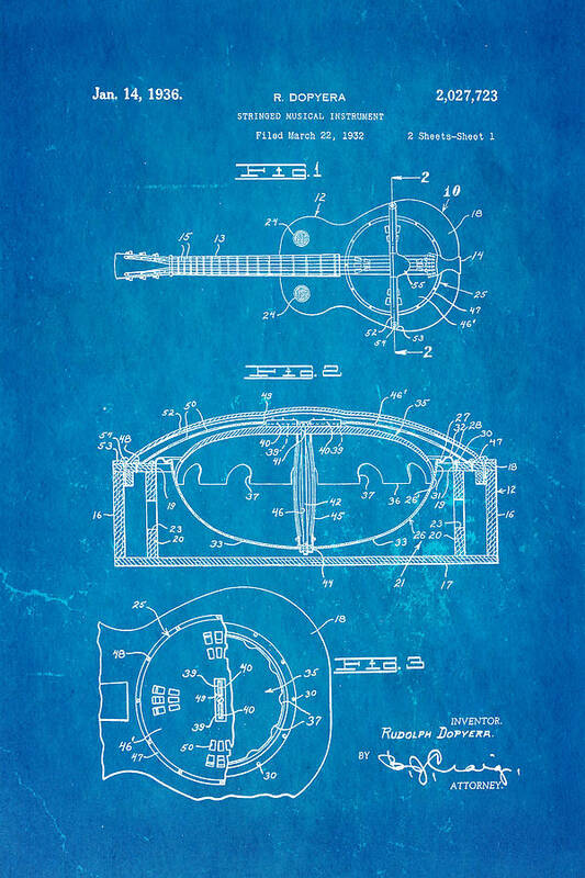 Men Poster featuring the photograph Dopyera Resonator Guitar Patent Art 1936 Blueprint by Ian Monk
