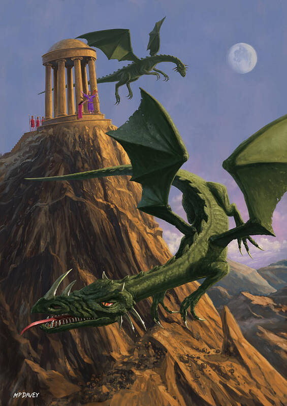 Dragon Poster featuring the painting Dragons flying around a temple on mountain top by Martin Davey