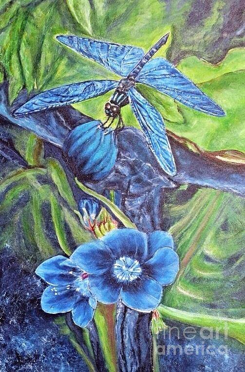 Nature Scene Blue Dragonfly Green Foliage In Background Gray Blue Tree Limb Prussian Colored Blue Flowers Indigo Blue Background Poster featuring the painting Dream of a Blue Dragonfly by Kimberlee Baxter