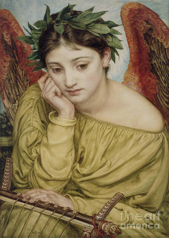 Winged; Lyre; Lyric; Garland; Pensive; Sad; Wing; Wings; Angel; Laurel Wreath Poster featuring the painting Erato Muse of Poetry 1870 by Edward John Poynter