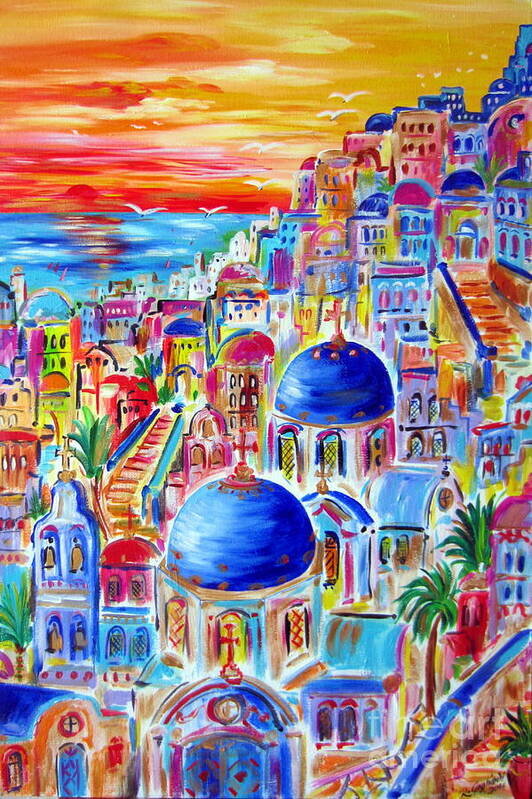 Santorini Poster featuring the painting Fiery sunset on Santorini my way by Roberto Gagliardi