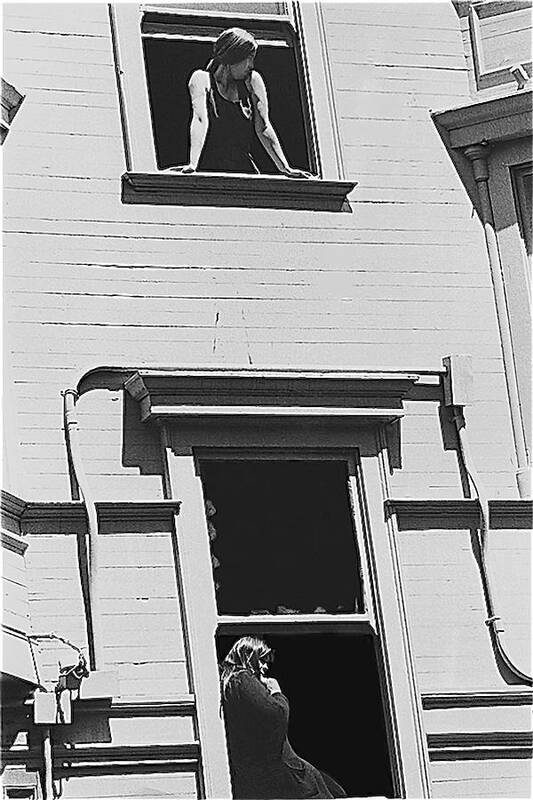 Film Noir Thelma Ritter Rear Window 1954 1 Women In Windows San Francisco Ca 1972 Poster featuring the photograph Film Noir Thelma Ritter Rear Window 1954 1 women in windows San Francisco CA 1972 by David Lee Guss