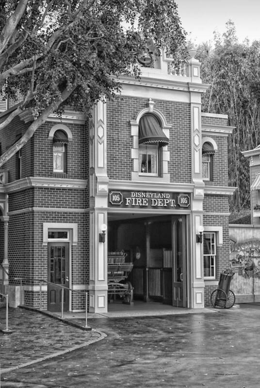 Main Street Poster featuring the photograph Fire Station Main Street Disneyland BW by Thomas Woolworth