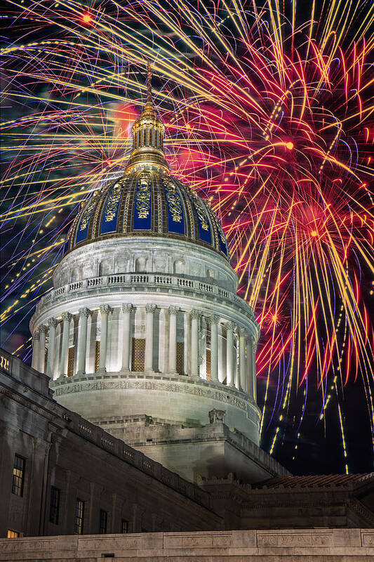 Fireworks Poster featuring the digital art Fireworks at WV Capitol by Mary Almond