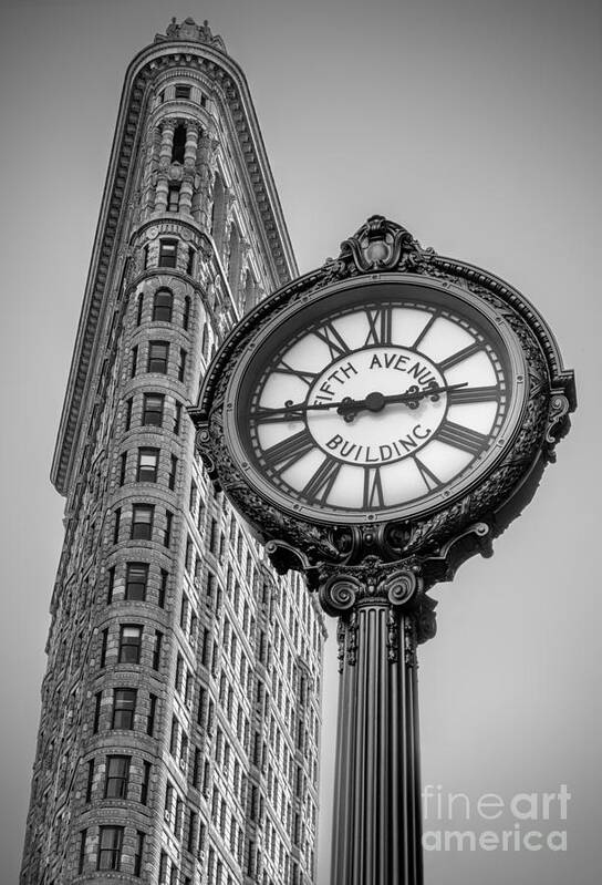 5th Ave. Poster featuring the photograph Flatiron and Clock Black and White by Jerry Fornarotto