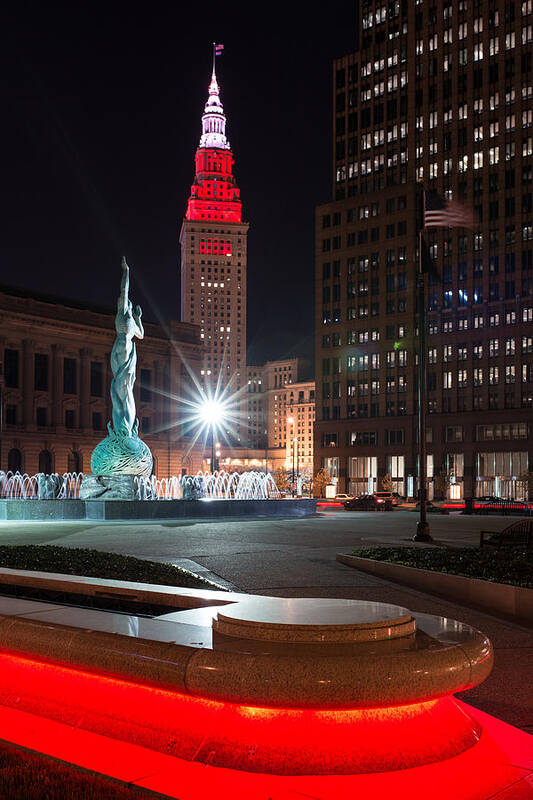 Cleveland Poster featuring the photograph Fountain and Terminal Tower in Red by Clint Buhler