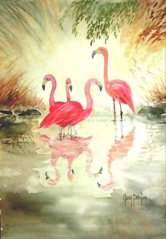 Flamingos Poster featuring the painting Four Flamingos by Gary Partin