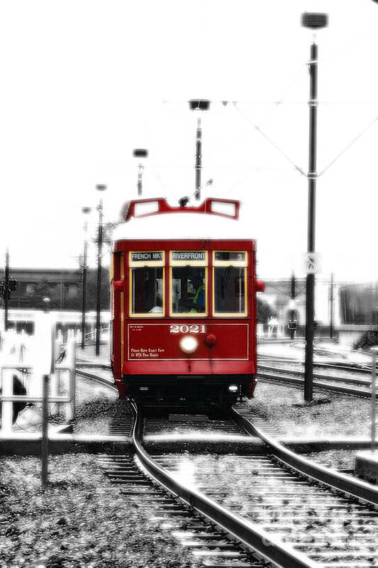 Travelpixpro New Orleans Poster featuring the photograph French Quarter French Market Street Car New Orleans Color Splash Black and White with Diffuse Glow by Shawn O'Brien