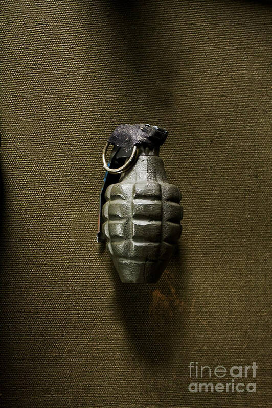 Grenade; Weapon; Military; War; Green; Pin; Destruction; Destructive; One; Still Life; Us; United States; Bomb; Wwii; World War Two; Camouflage; Olive; Explosive; Fireball; Missile; Projectile; Ammunition; Cartridge; Iron; Shadows; Imposing; Ominous; Foreboding; Canvas Poster featuring the photograph Grenade by Margie Hurwich