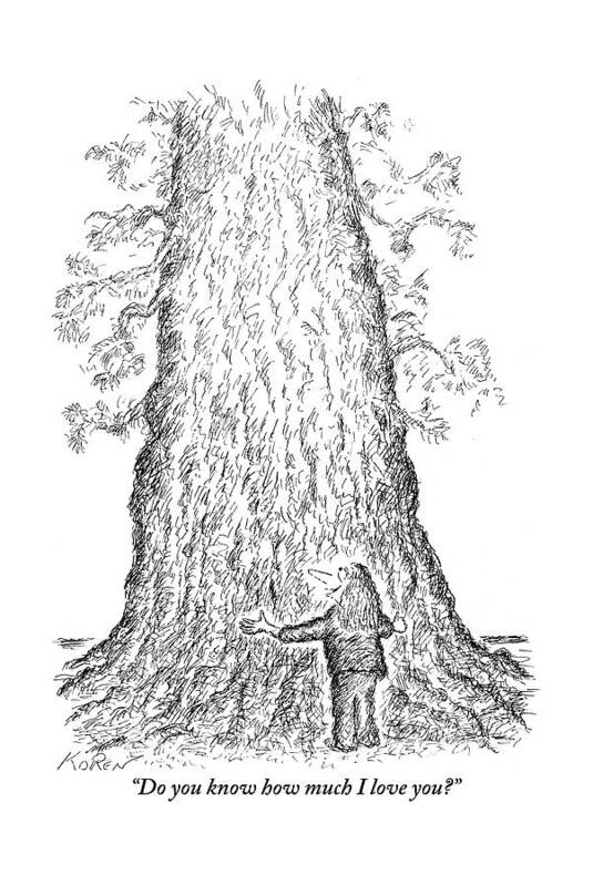 Trees Poster featuring the drawing Guy Hugging A Giant Tree And Speaks To It by Edward Koren