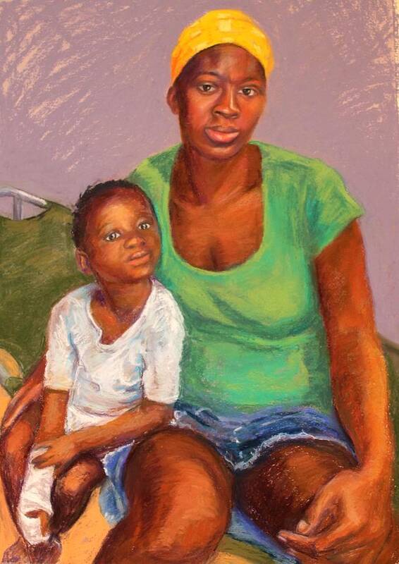 Portrait Poster featuring the pastel Haitian Madonna and Child After the Earthquake by Marian Berg