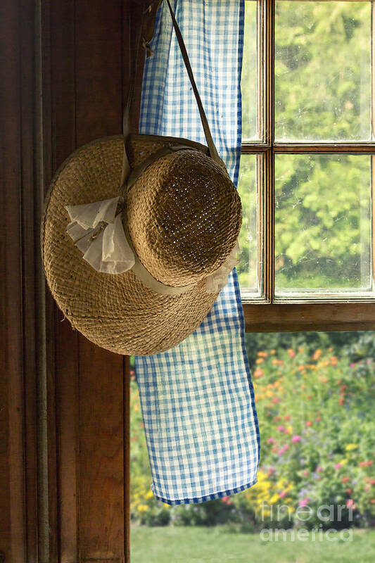 Straw; Hat; Flowers; Ribbon; Colorful; Brim; Waiting Poster featuring the photograph Hanging by the Window by Margie Hurwich