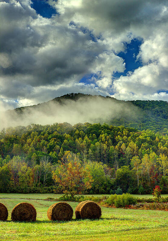 Smoky Mountains Poster featuring the photograph Hay Bales In The Morning by Michael Eingle