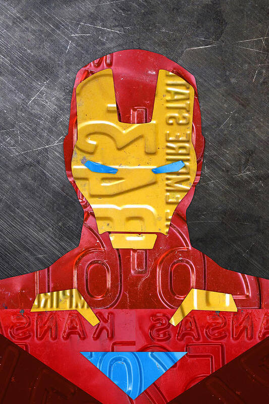 Iron Man Poster featuring the mixed media Iron Man Superhero Vintage Recycled License Plate Art Portrait by Design Turnpike