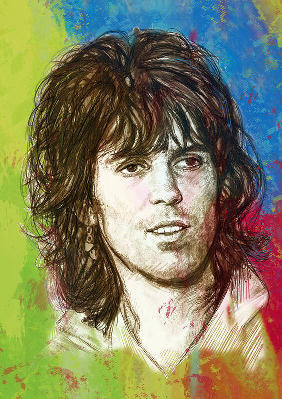 Keith Richards Stylised Pop Art Drawing Potrait Poster. Pop Art Poster featuring the drawing Keith Richards stylised pop art drawing potrait poster by Kim Wang