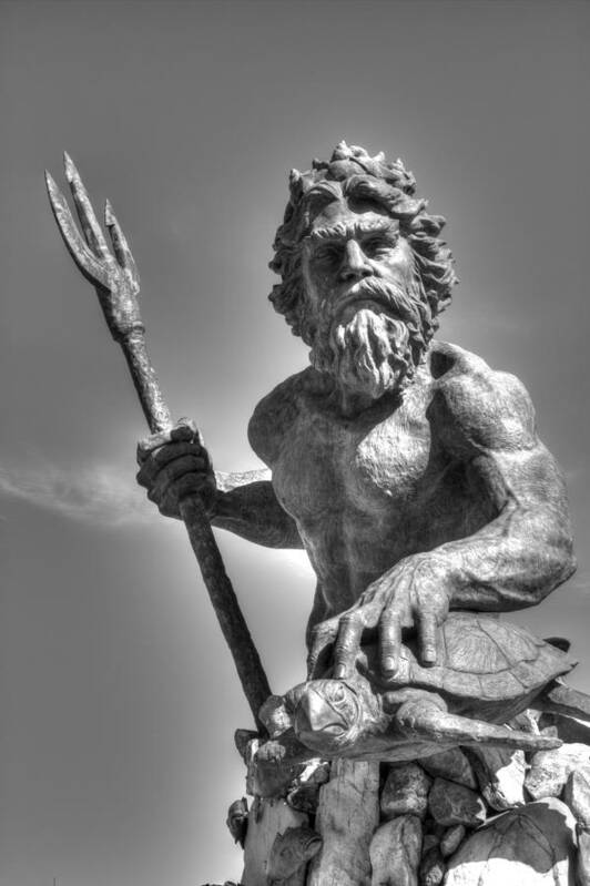 King Neptune Statue Poster featuring the photograph King Neptune Black and White by Shannon Louder