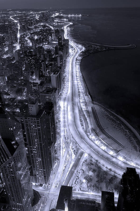 Beach Poster featuring the photograph Lake Shore Drive Aerial B and W by Steve Gadomski