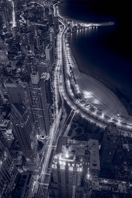 Beach Poster featuring the photograph Lakeshore Drive Aloft BW Cool Toned by Steve Gadomski