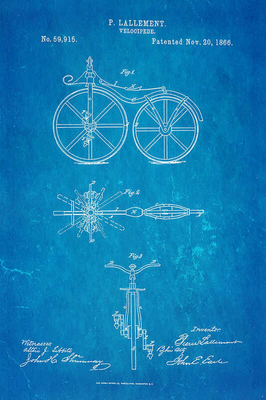 Bicycle Poster featuring the photograph Lallement Cycle Patent Art Blueprint 1866 by Ian Monk