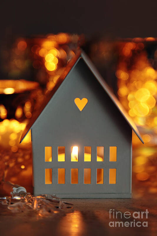 Bright Poster featuring the photograph Little gray house lit with candle for the holidays by Sandra Cunningham
