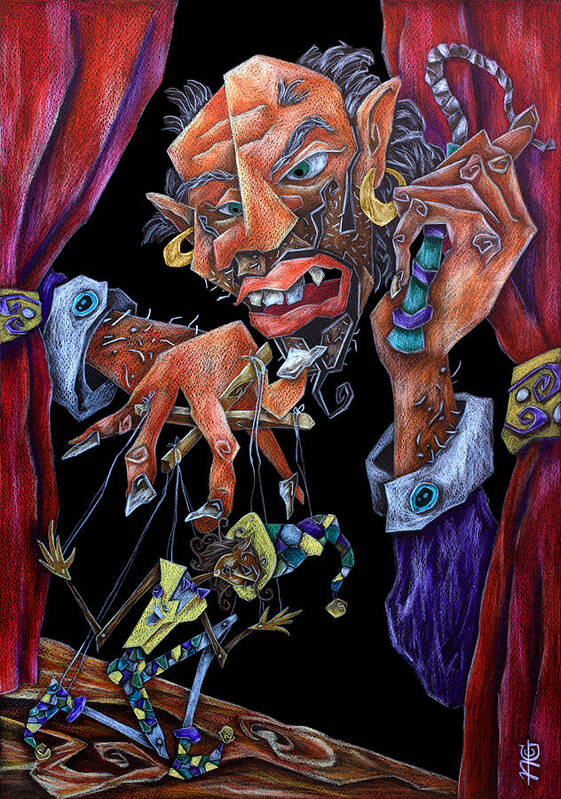 Pinocchio Poster featuring the drawing MaNGiaFuoCo - Teatro Pinocchio Burattino - Stromboli Puppet Master and Harlequin by Arte Venezia