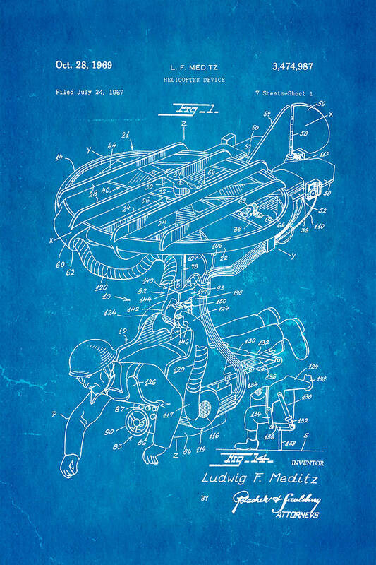 Aviation Poster featuring the photograph Meditz Helicopter Device Patent Art 1969 Blueprint by Ian Monk