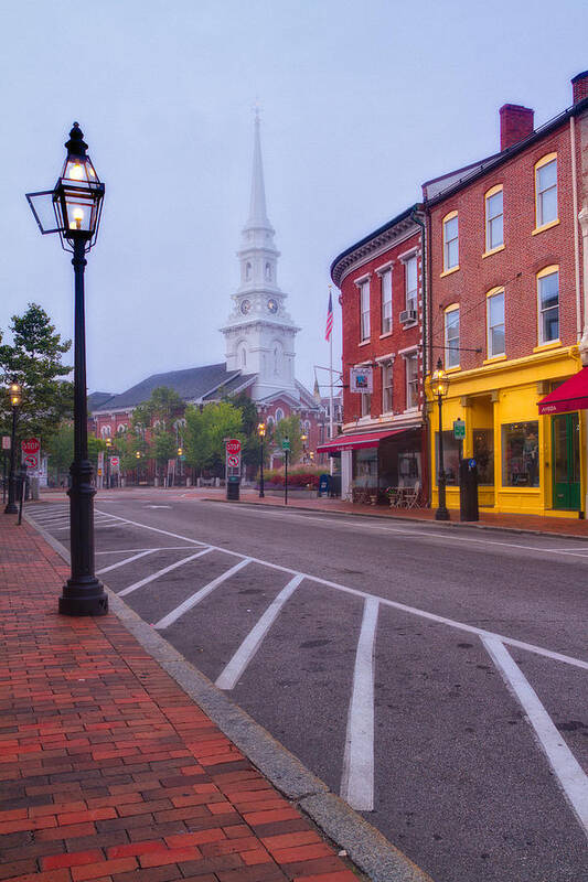 New Hampshire Poster featuring the photograph Misty Morning In Market Square by Jeff Sinon