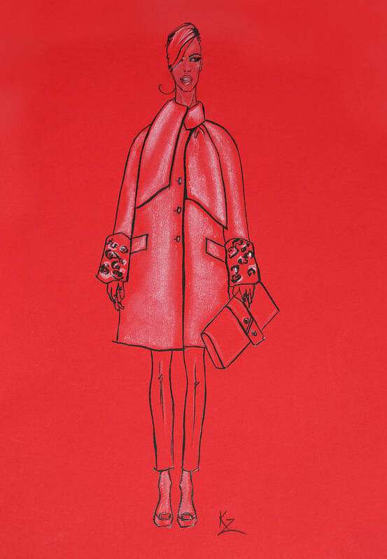 Fashion Illustration Painting Poster featuring the painting Model elegant red coat  by Kate Zucconi