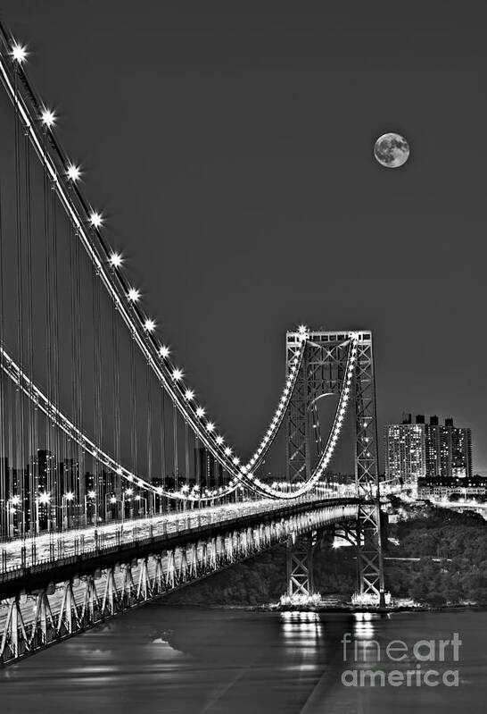 George Washington Bridge Poster featuring the photograph Moon Rise over the George Washington Bridge BW by Susan Candelario