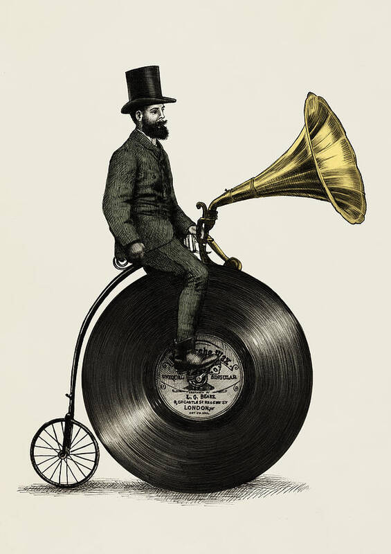 Music Vintage Vinyl Record Victorian Top Hat Gramophone Victrola Nostalgic Cycling Penny Farthing Moustache Poster featuring the drawing Music Man by Eric Fan