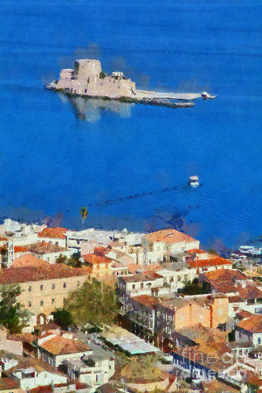 Bourtzi Poster featuring the painting Nafplio and Bourtzi fortress by George Atsametakis