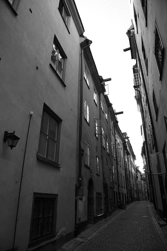 Stockholm Poster featuring the photograph Narrow medieval street in Gamla stan - monochrome by Ulrich Kunst And Bettina Scheidulin