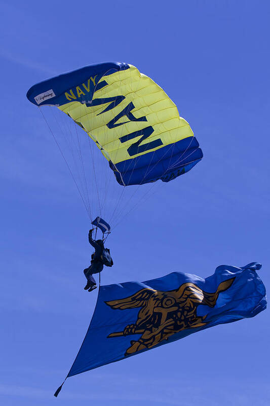 Oc Air Show Poster featuring the photograph Navy Seals Leap Frogs Navy Seals Flag by Donna Corless