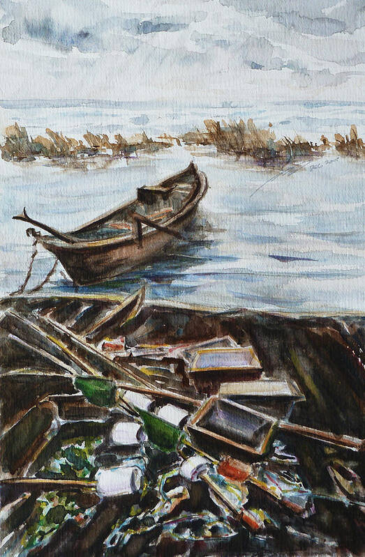 Boat Poster featuring the painting New England Wharf by Xueling Zou