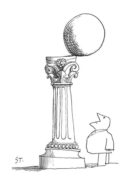 115525 Sst Saul Steinberg (man Looking At A Sculpture That Is About To Fall Off Its Pedestal Onto His Head.) About Art Artist Artistic Artwork Fall Falling Galleries Gallery Head Humanities Its Looking Loose Man Museum Museums Off Onto Pedestal Problems Sculpt Sculptor Sculpture Sphere Spheres Statue Statues Poster featuring the drawing New Yorker December 29th, 1962 by Saul Steinberg