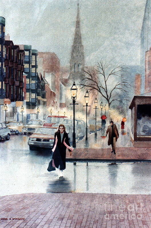 Rain Poster featuring the painting Newbury Street Rain by Karol Wyckoff