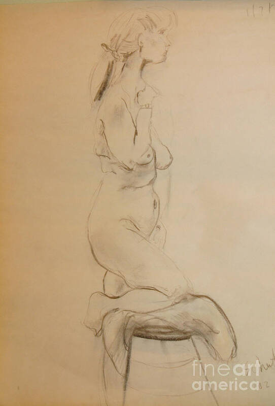 Nude. charcoal Poster featuring the drawing Nude Kneels on Stool by Gabrielle Schertz