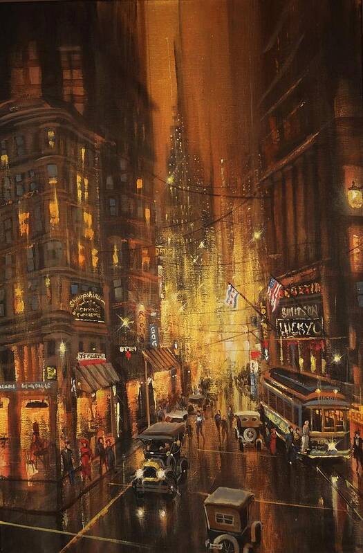 Chicago Poster featuring the painting Night in Old Chicago by Tom Shropshire