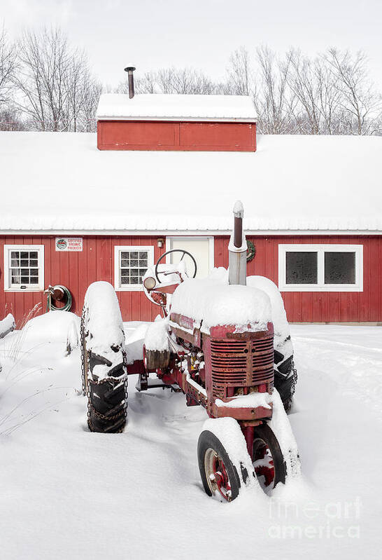 Big Poster featuring the photograph Old red tractor in front of classic sugar shack by Edward Fielding