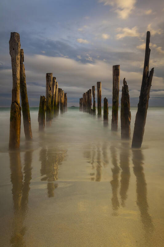 Feb0514 Poster featuring the photograph Old Wharf At Sunset St Clair Beach by Colin Monteath