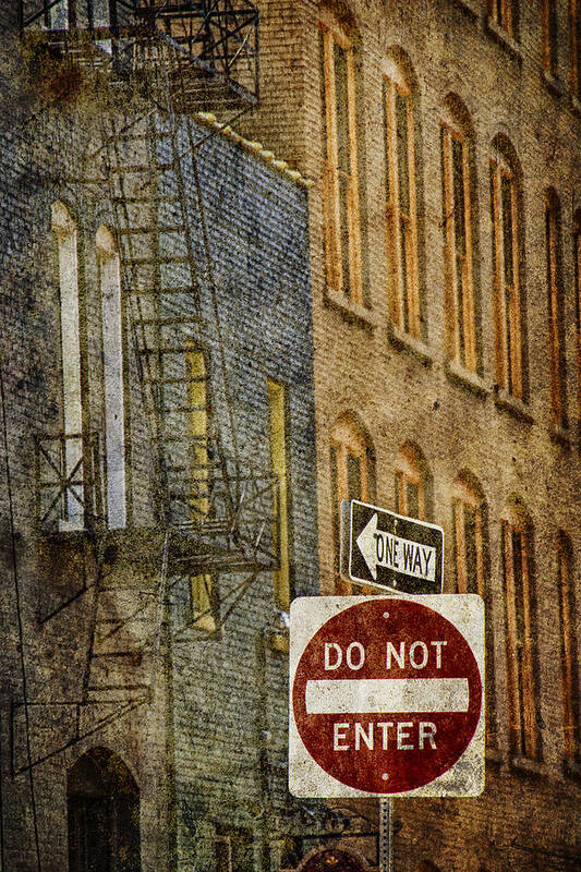Art Poster featuring the photograph One Way and Do Not Enter Signs in Front of High Rise Building with Fire Escape by Randall Nyhof