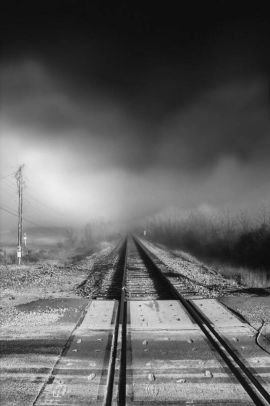 Railroad Tracks Poster featuring the photograph Onward - Railroad Tracks - Fog by Jason Politte
