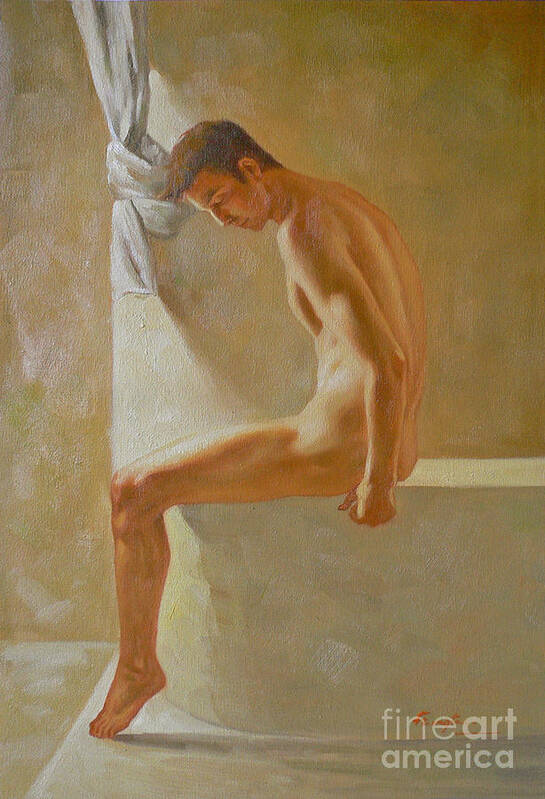 Original Poster featuring the painting Original Classic Oil Painting Body Man Art- Male Nude In The Bathroom#16-2-3-01 by Hongtao Huang