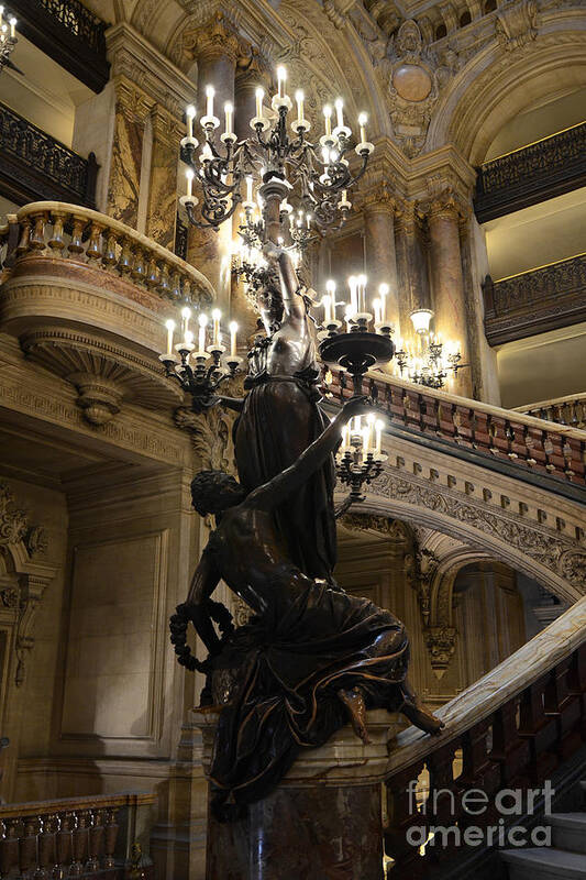Paris Poster featuring the photograph Paris Opera House Grand Staircase and Chandeliers - Paris Opera Garnier Statues and Architecture by Kathy Fornal