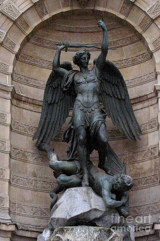 Angel Art Poster featuring the photograph Paris - Saint Michael Archangel Statue Monument - Saint Michael Slaying The Devil by Kathy Fornal
