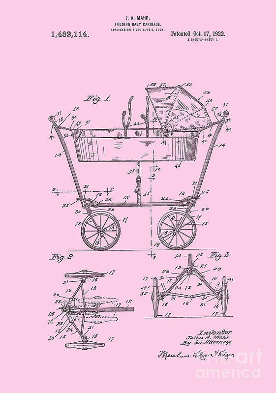 Baby Carriage Poster featuring the digital art Patent Art Baby Carriage 1922 Mahr Design Pink by Lesa Fine