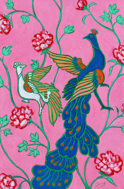 Peacock Poster featuring the painting Peacocks Flying Southeast by Xueling Zou