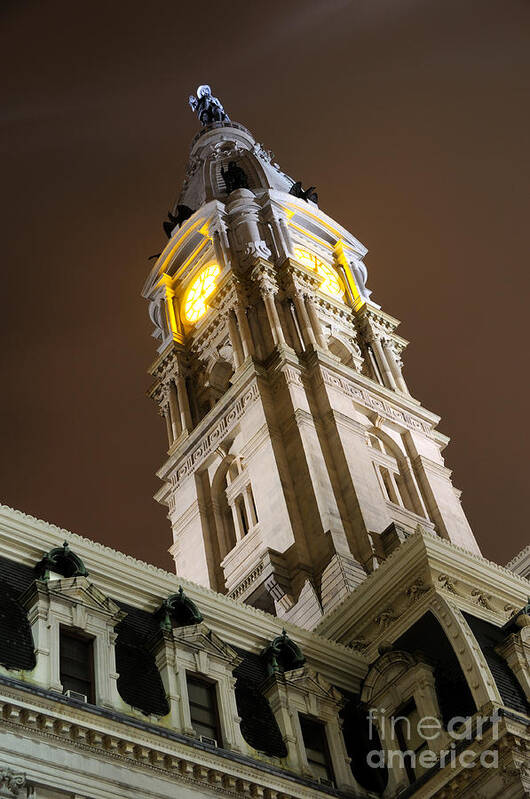 Philadelphia Poster featuring the photograph Philadelphia City Hall Clock Tower at Night by Gary Whitton